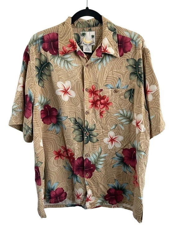 Banana Cabana 100% Silk Hawaiian Beige Tropical Floral Button Down Shirt Large