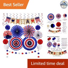 Patriotic Party Decorations 26 Pcs Red White Blue Paper Fans Pom Poms Swirls