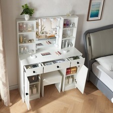 White Mirred Dressing Table with 10 Led Lights Makeup Desk Vanity Set & Stool