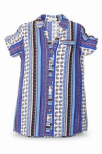 Womens Hong Da Size XL Basic Button-Up Blue Geometric Collared Short Sleeve