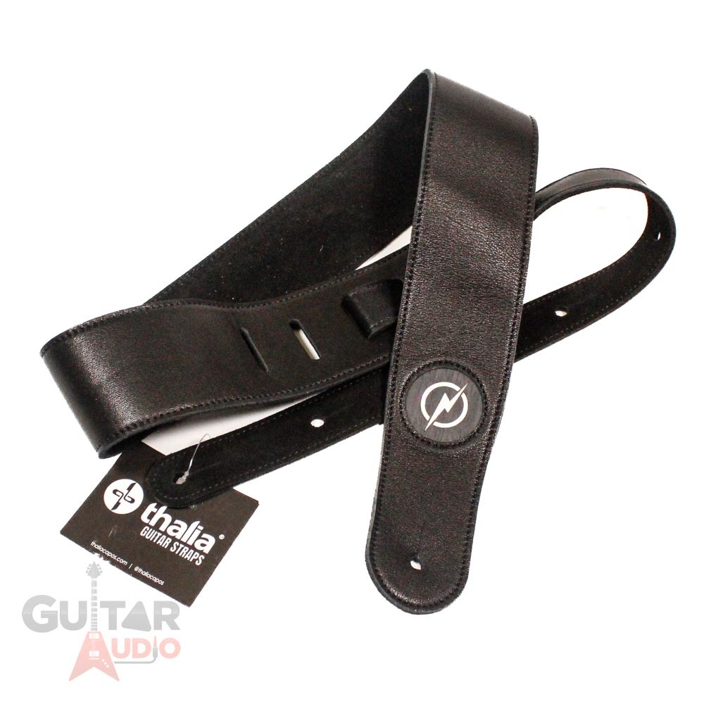 Thalia Black Leather Guitar Strap w Ebony Inked Pearl Lightning Bolt Inlay 11190₽