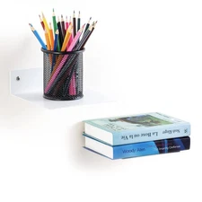 Set of 2 White Metal Floating Book Shelves for Wall Mounted Invisible Display