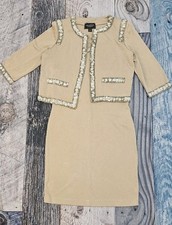 ST.JOHN Knit Beige Fawn With Beads Pearl Trim Jacket Dress Women's Size 10