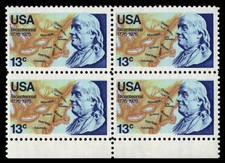 US Scott # 1690, Benjamin Franklin, Block of (4) 1976 13¢ Stamps MNH