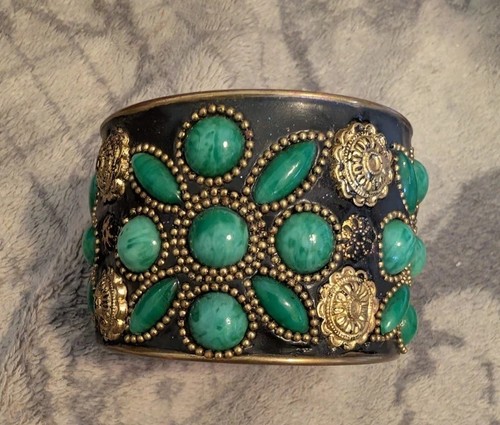 Vintage Faux Green Turquoise Wide Brass Boho Studded Bracelet 2.75"