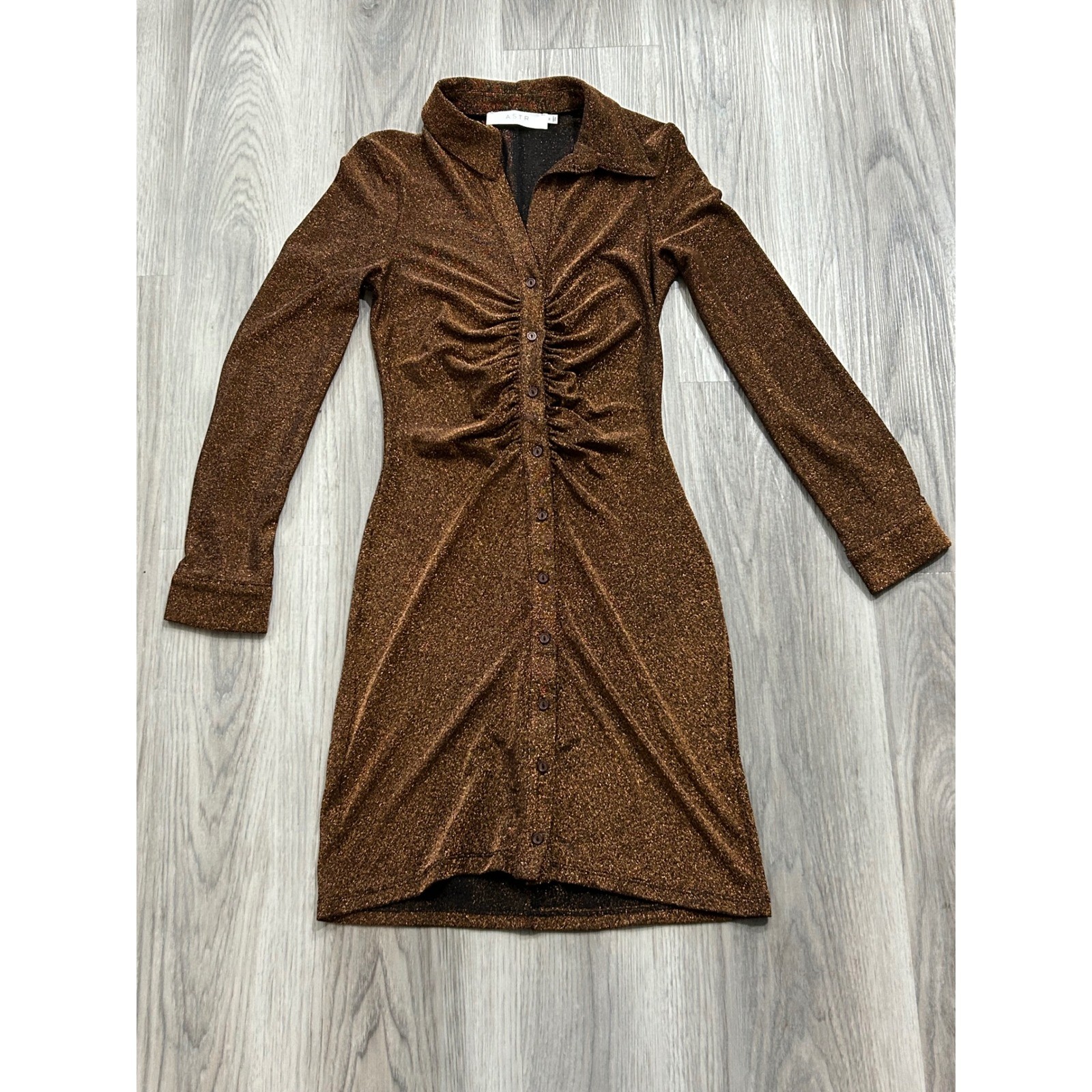 ASTR The Label Copper Metallic Ruched Button Down Long Sleeve Mini Dress Medium
