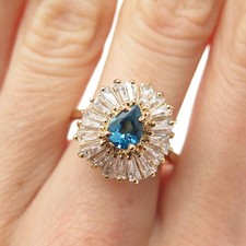 925 Sterling Silver Gold Plated Real London Blue Topaz  C Z Ring Size 6.75