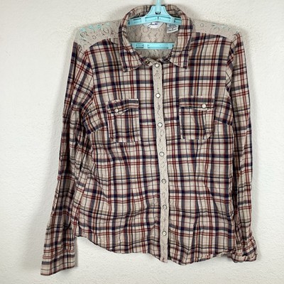 Jillian Blu Womens Button Up Shirt Sz M Medium Long Sleeve Plaid Hole Good