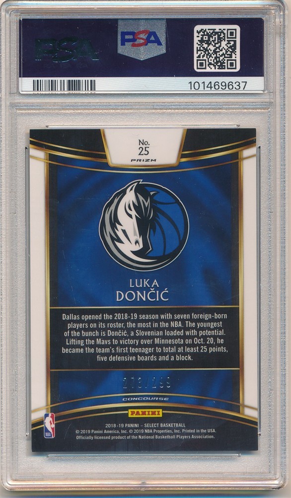 LUKA DONCIC 2018/19 PANINI SELECT #25 RC LIGHT BLUE PRIZMS SP #/299 PSA 9 MINT view 2