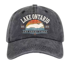 Vintage Lake Ontario Map Sunset Graphic Washed Hat Unisex Casual Great Lakes Cap