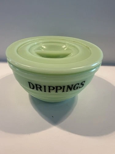 Jeanette Glass Jadeite Uranium Drippings Jar with Lid In Beehive Pattern 1930s