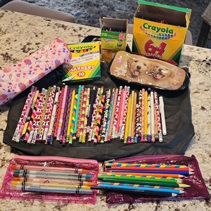 Crayola School Supplies Lot: Twistables, Markers, Pencils, Heart/Dog Pouches