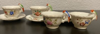 Vintage 4 Hand Painted Miniature Tea Cup And Saucer With Parrot 2 Mix Match Set