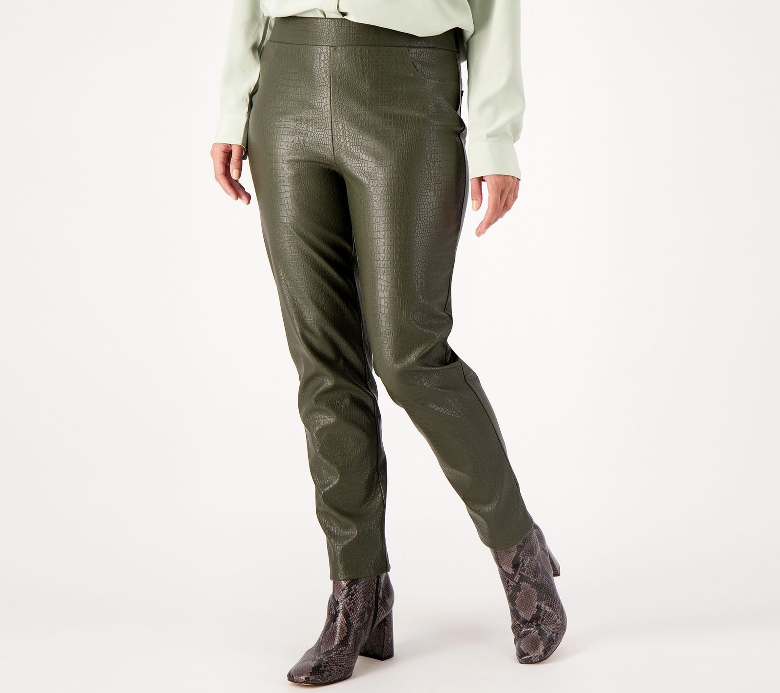 Isaac Mizrahi Live! Women's Petite Pants 20P Faux Croc Leather Green A551035