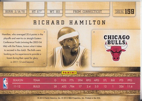 2011-12 Panini Gold Standard Chicago Bulls Basketball Card #159 Richard Hamilton - Picture 2 of 2