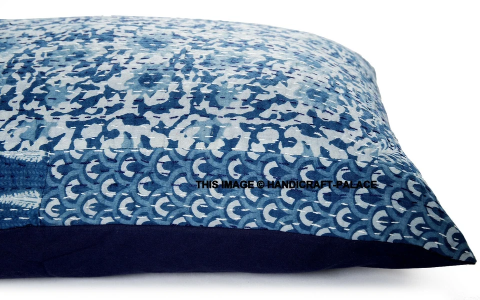 2 PC Indigo Patch Kantha Pillow Sham Handmade Kantha Cushion Cover Bed Throw 28" - Image 3 of 3