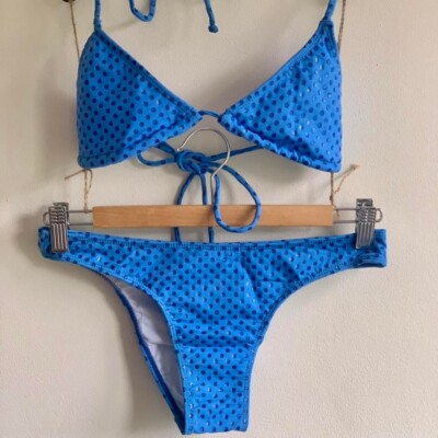 Sol E Energia Brazilian Foil Print Bikini Set Top Size L UK 12 Bottom S UK8 Blue