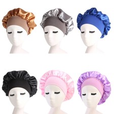 Women Satin Bonnet Cap Night Sleep Hair Head Cover Wide Band Adjust Elastic Hat