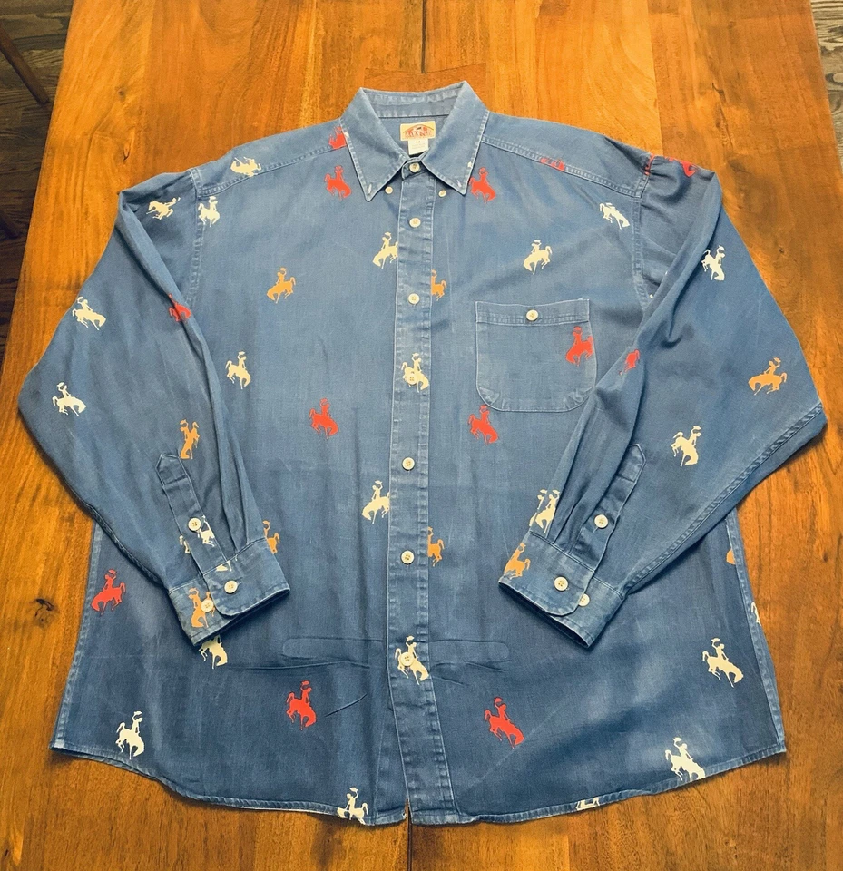 Camisa De Colección Granero Mosca Rodeo Estampado Para Hombres M/L Denim Azul Clásica Oeste EE. UU. Desteñida Foto 3 de 4