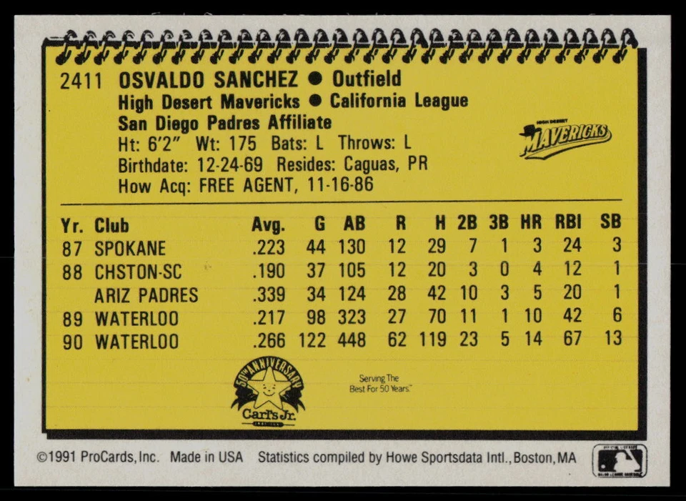 1991 ProCards Osvaldo Sanchez High Desert Mavericks - Image 2 of 2