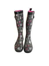 Capelli New York Shiny Pop Owl Printed Rain Boots Size 6 Gray Black Rain Gear