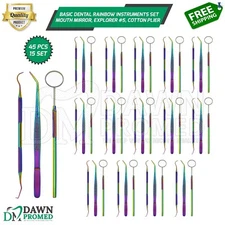 Basic Dental Rainbow 45 Pcs Mouth Mirror, Explorer #5, Cotton Plier German Grade