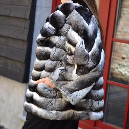 2025 Elegante Frauen Echte Rex Kaninchen Pelz Mantel Chinchilla Mantel Neu Jacke - Picture 4 of 8