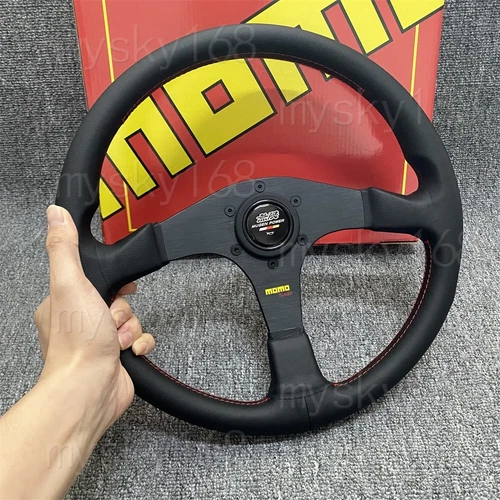 Mugen Genuine Leather Steering Wheel Flat bracket 340mm Horn Red Stitching - Picture 4 of 7
