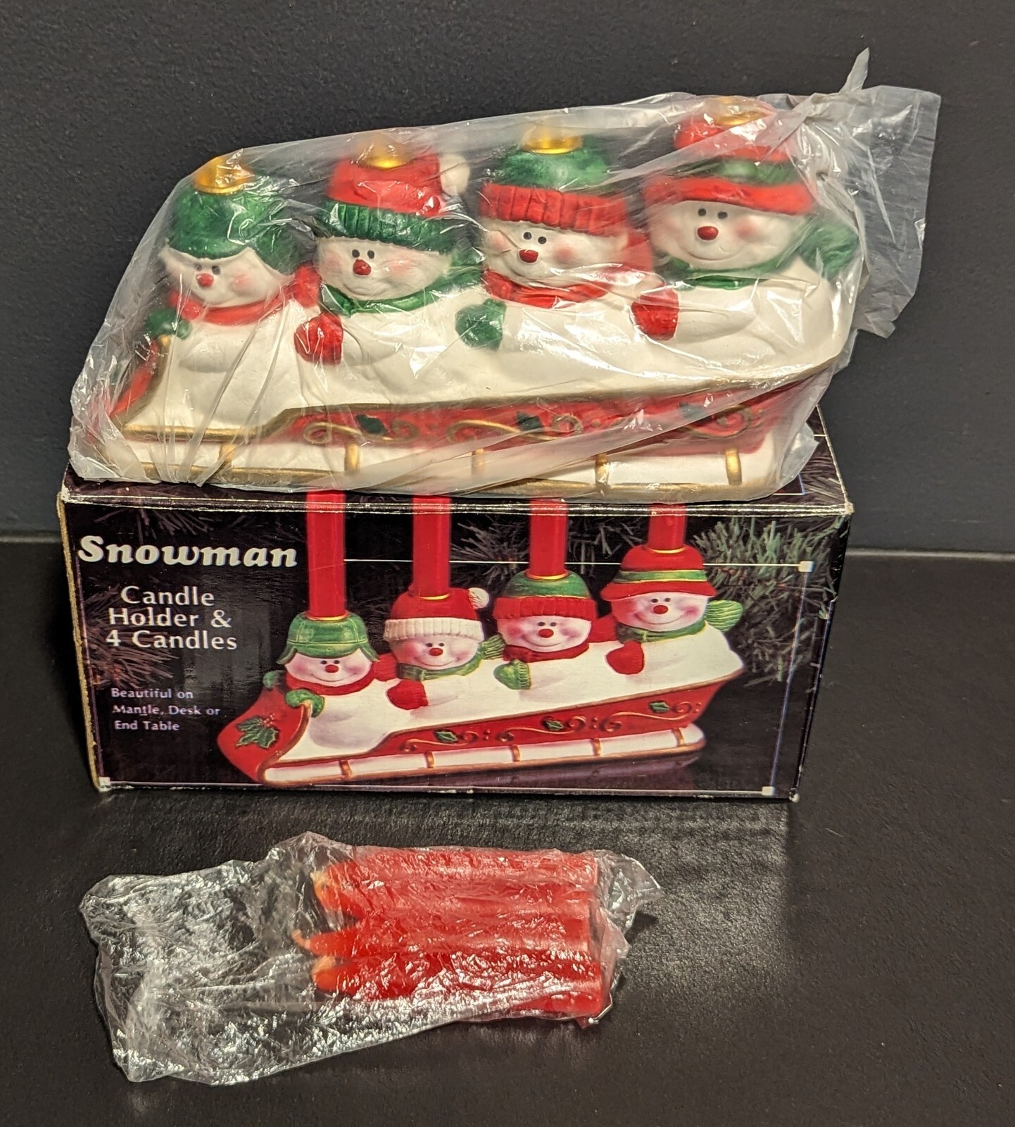 J.S.N.Y. Vtg Ceramic Christmas Snowman Family Sled Candle Holder w/ Candles NOS