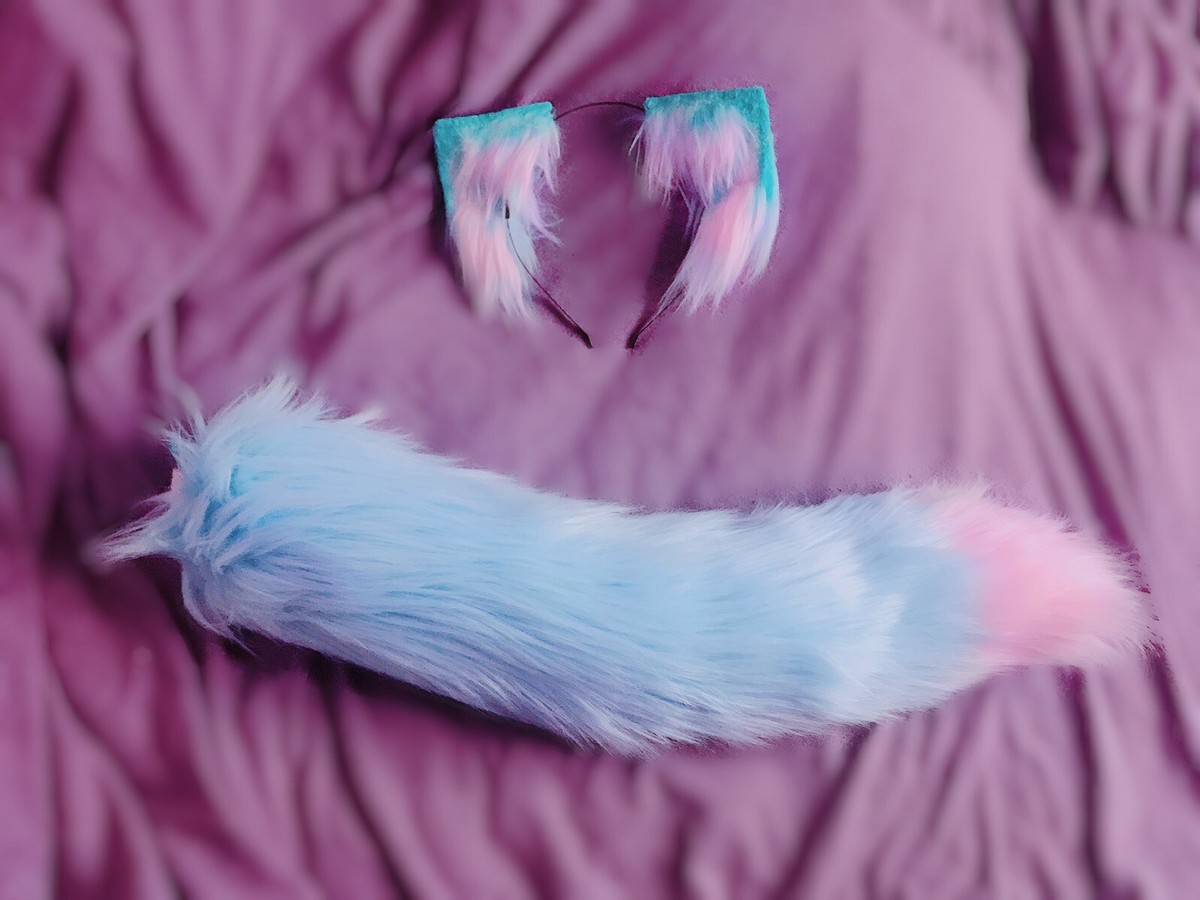 Top Cat Tails Pastel Blue/Pink Kitten Tail and Ears Set