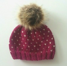 Hand Knit Wool Fair Isle Warm Magenta Winter Hat Size 3-12 Months Baby