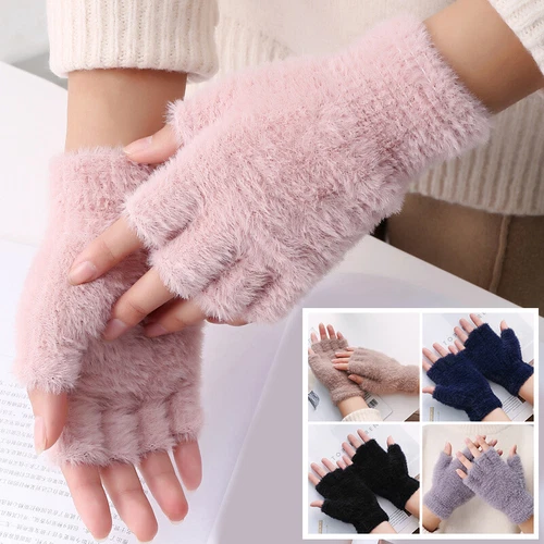 Womter Warm Half Finger Gloves,Fluffy Plush Fingerless Flip Gloves Flap Cover - Picture 2 of 29