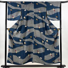 JAPANESE KIMONO FINE PATTERN BLUE 153.5cm 5 ft 0 in PURE SILK B1197