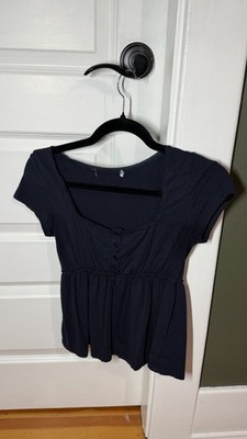 Women s Black Square Neck Cap Sleeve Pullover Blouse with Button Accent