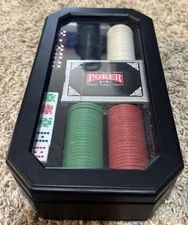 Poker Set Wood Box With 2 Decsk of Poker Cards, Dice and colored chips