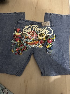 Ed Hardy Women's Bootcut Jeans Blue Denim Tattoo Graphic Logo 5-Pocket Size 26