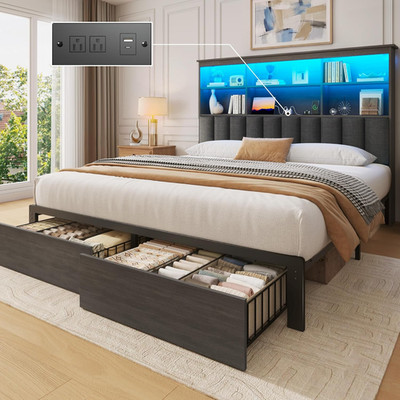 Rustic Grey Queen Bed Frame with Storage Headboard & Charging Station
