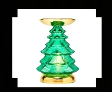 BBW Christmas Green Pine Tree Light Up 3 Wick Candle Holder Gold Base Year Round