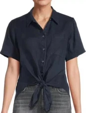 Theory Hekanina Sea Slub Button Up Tie Front Blouse Top Womens Black Size S