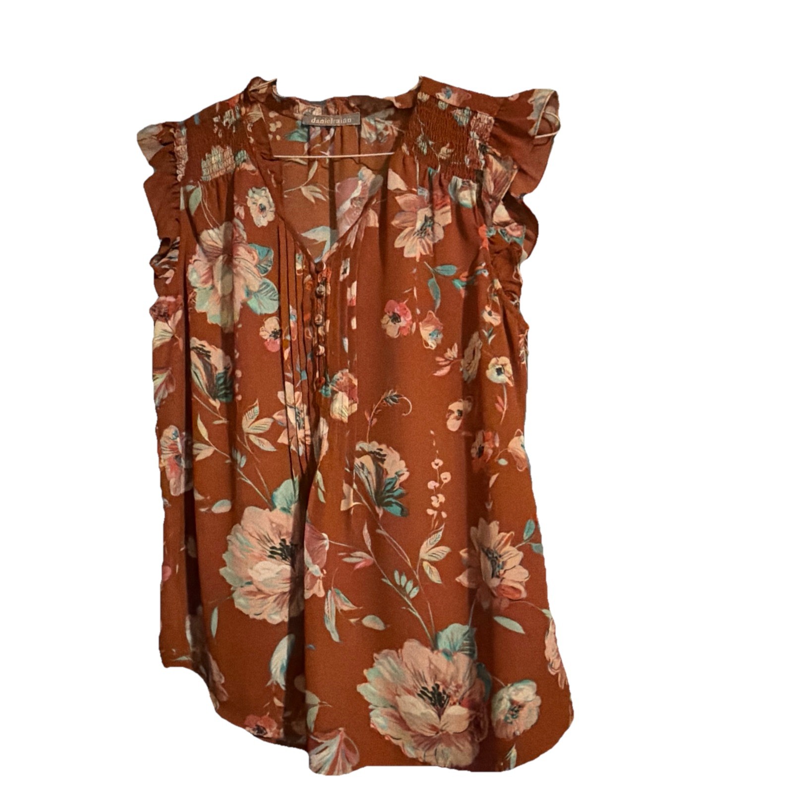 Daniel Rainn Women's Floral Sleeveless Blouse Size Medium Brown VNeck Polyester