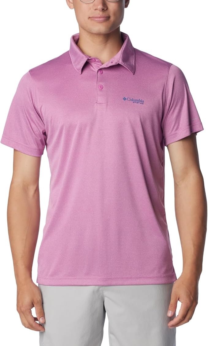 Мужская рубашка поло Columbia обычного покроя с коротким рукавом небольшого размера фиолетового цвета впитывающая влагу 2190₽