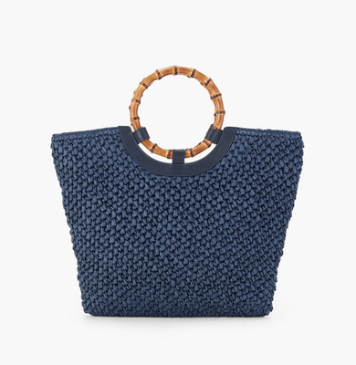 NWoT Talbots 100% Paper Straw Round Bamboo Handle Leather Trim Tote Bag Blue