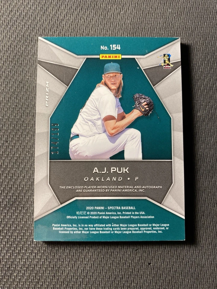 A.J. Puk 2020 Panini Spectra Rookie Patch On Card Auto SP /199 - Image 2 of 2