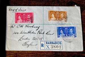 1937 BARBADOS FDC KGVI CORONATION, Registered to London, scott 190-192
