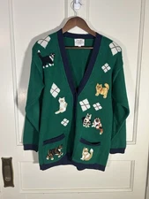 Vintage Susan Bristol Embroidered Cat Cardigan Sweater Womens Size Small Green