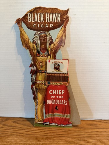 1930s Blackhawk Cigar Indian Cardboard Diecut Advertising Sign Smoking Tobacco