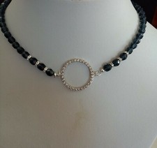 Schmuck Halskette Perlenkette böhm.Kristalle saphirblau und Strassring 46+4 cm