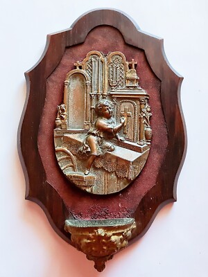 ANTIQUE AUTHENTIC VINTAGE FRENCH HOLY WATER FONT CATHOLIC ANGEL PLAQUE METAL