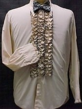 VINTAGE RUFFLED TUXEDO TUX SHIRT RETRO TAN with BLACK MADE IN USA many sizes