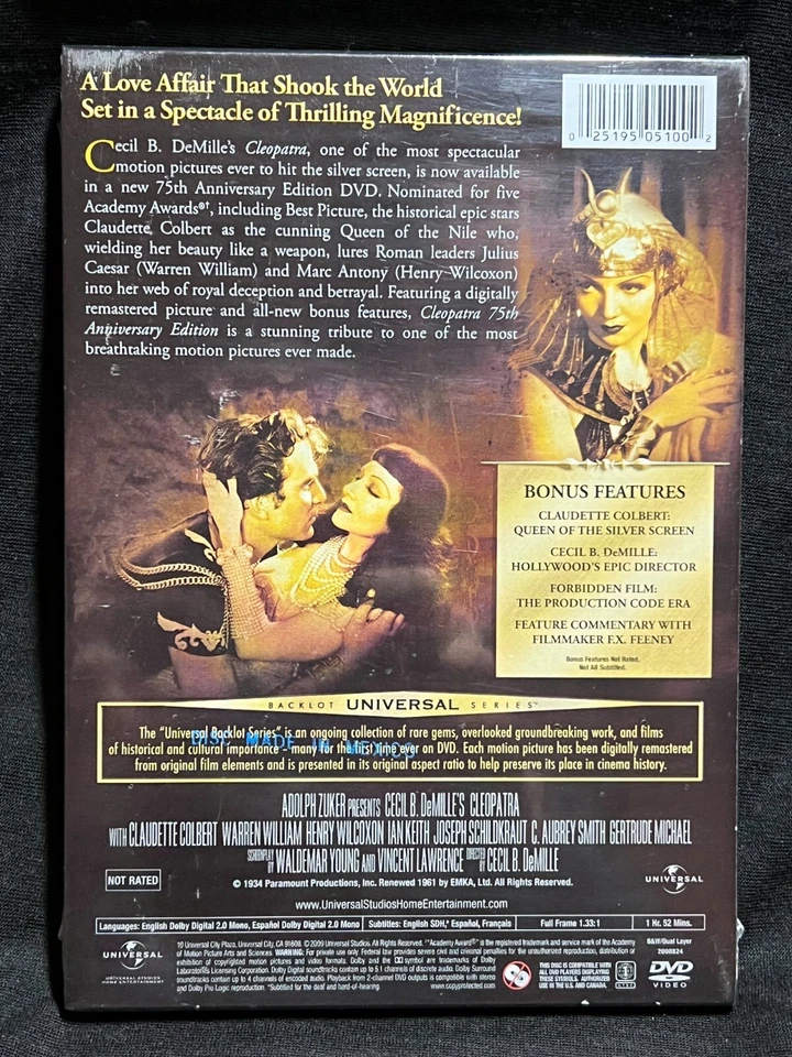 Cleopatra DVD, 2009, 75-я годовщина полноэкранный бэклот универсальное издание новый в коробке - Изображение 2 из 2